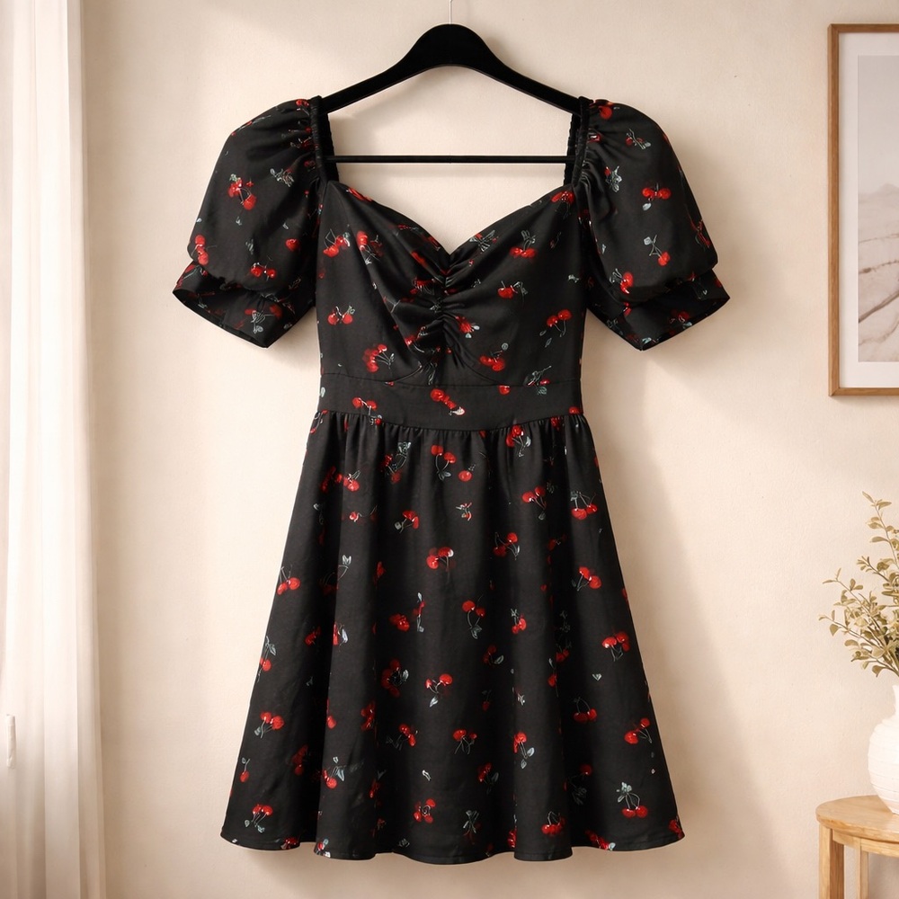 SHEIN Unity Allover Cherry Sweetheart Neck Dress